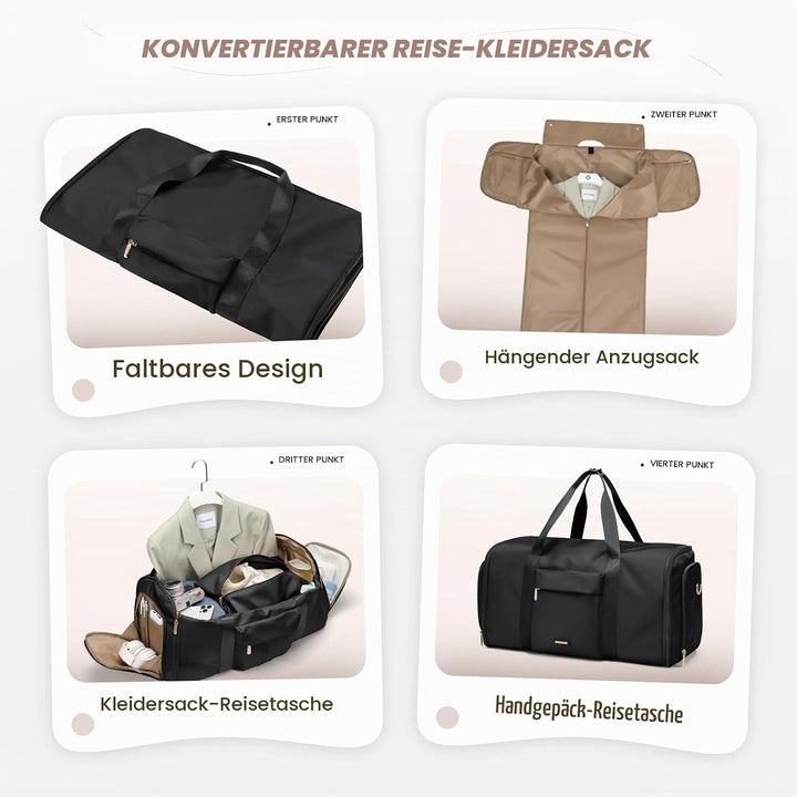 2-in-1 Kleidersack Handgepäck Flugzeug 48L, Wasserdicht Knitterfrei Reisetasche mit Schuhfach &amp; Troc