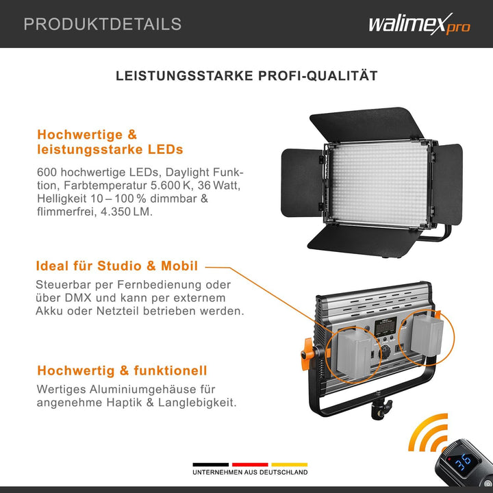 Walimex pro dimmbare LED Flächenleuchte Niova 600 Plus Daylight + Akku Slots I Videoleuchte &amp; Fotoli