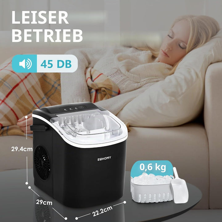 EUHOMY Eiswürfelmaschine 12 kg/24 h, 9 Würfel in 6 Minuten, selbstreinigende Eismaschine, mit Griff,