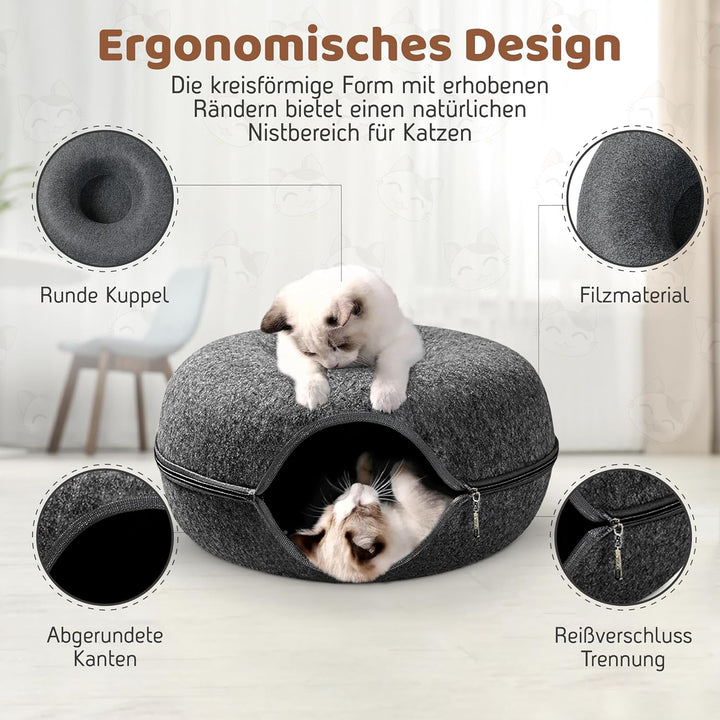 PAWSAGE® Katzentunnel Filz, XL Katzenhöhle aus Filz, Katzendonut, Katzen Filzhöhle 60 * 60 * 28, Kat