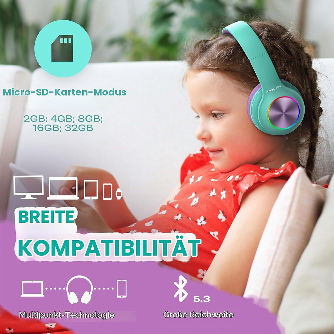 Kinderkopfhörer Bluetooth, PowerLocus Kinder Kopfhörer Kabellos mit LED-Leuchten 74/85/94dB Lautstär