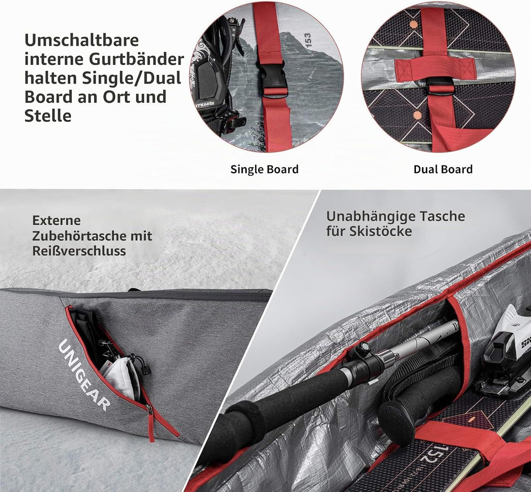 Unigear Skitasche Doppelt gepolstert, Snowboardtasche, Langlauf-Ski-Tasche für 1 – 2 Paar Ski 165/17