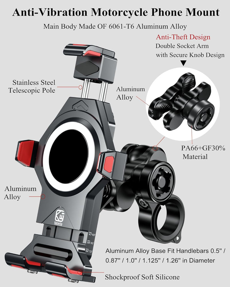 BRCOVAN Aluminiumlegierung Motorrad Handyhalterung mit Vibrationsdämpfer, One-Push-Automatiksperre 3