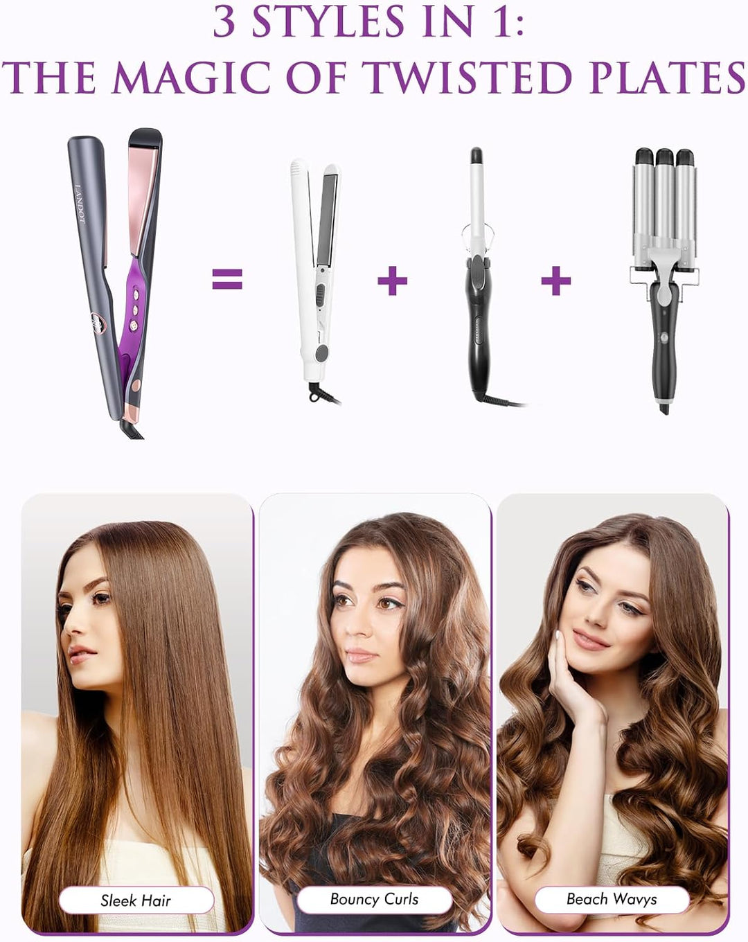 LANDOT Glätteisen für Locken & Glätten: 2 in 1 Lockenstab und Glätteisen mit Geschwungenen Platten -