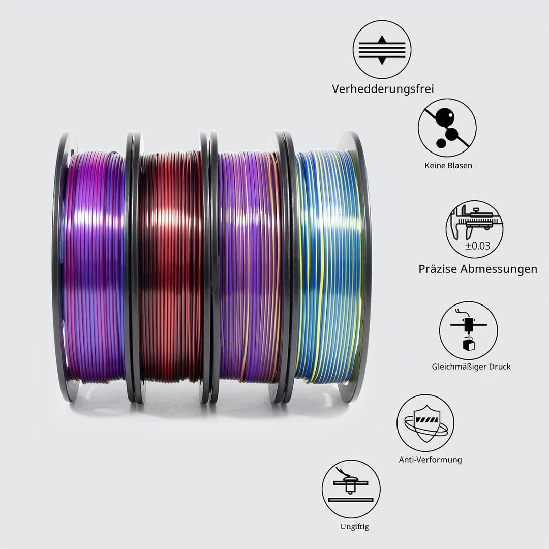 iSANMATE Dual Color Silk PLA Filament Set, Seide PLA Filament 1.75mm Rosarot Blau/Blau Grün/Rot Schw