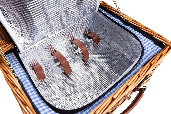 2 Handgefertigte Picknickkörbe für 2 Personen mit Kühlfach, Multifunktionsmesser, Edelstahlbesteck,