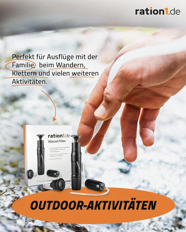 ration1 Wasserfilter mit hoher Durchflussrate von 1,1 Liter pro Minute. Der Pumpfilter entfernt 99,9