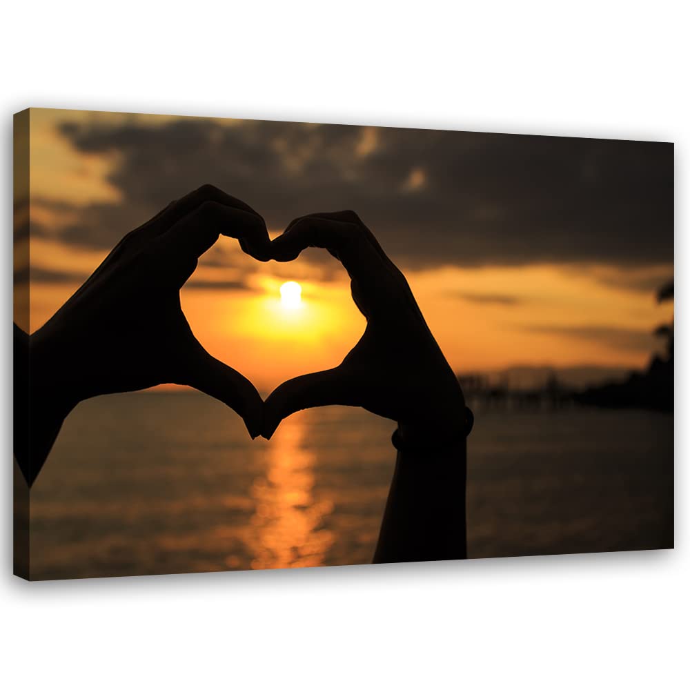 Feeby Vlies Leinwandbild Herz geformte Hände Sonnenuntergang Strand 90x60 cm Druckbild Wandbild Wand