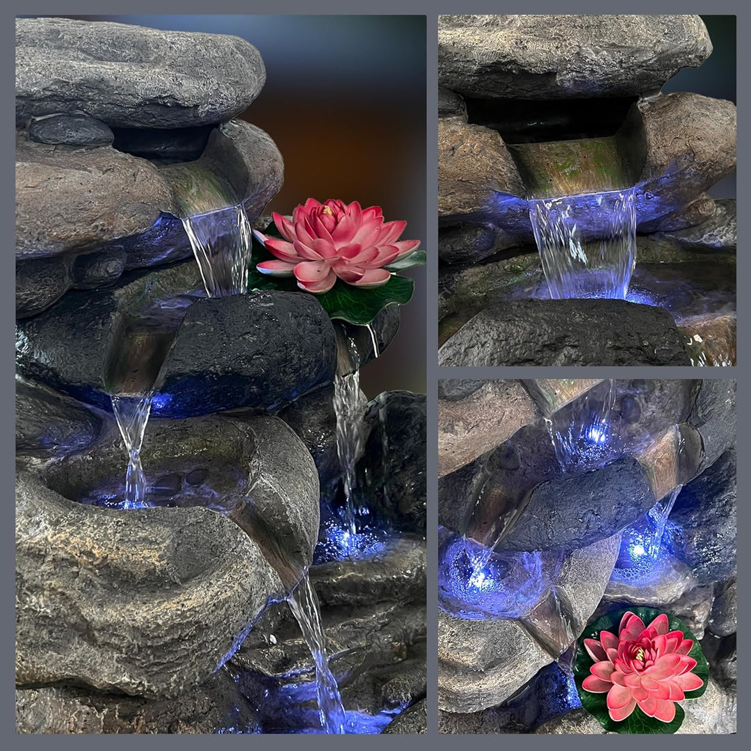 Köhko Springbrunnen Kieselstein Gartenbrunnen in Naturstein-Optik mit 4X LED Beleuchtung Höhe=68 cm