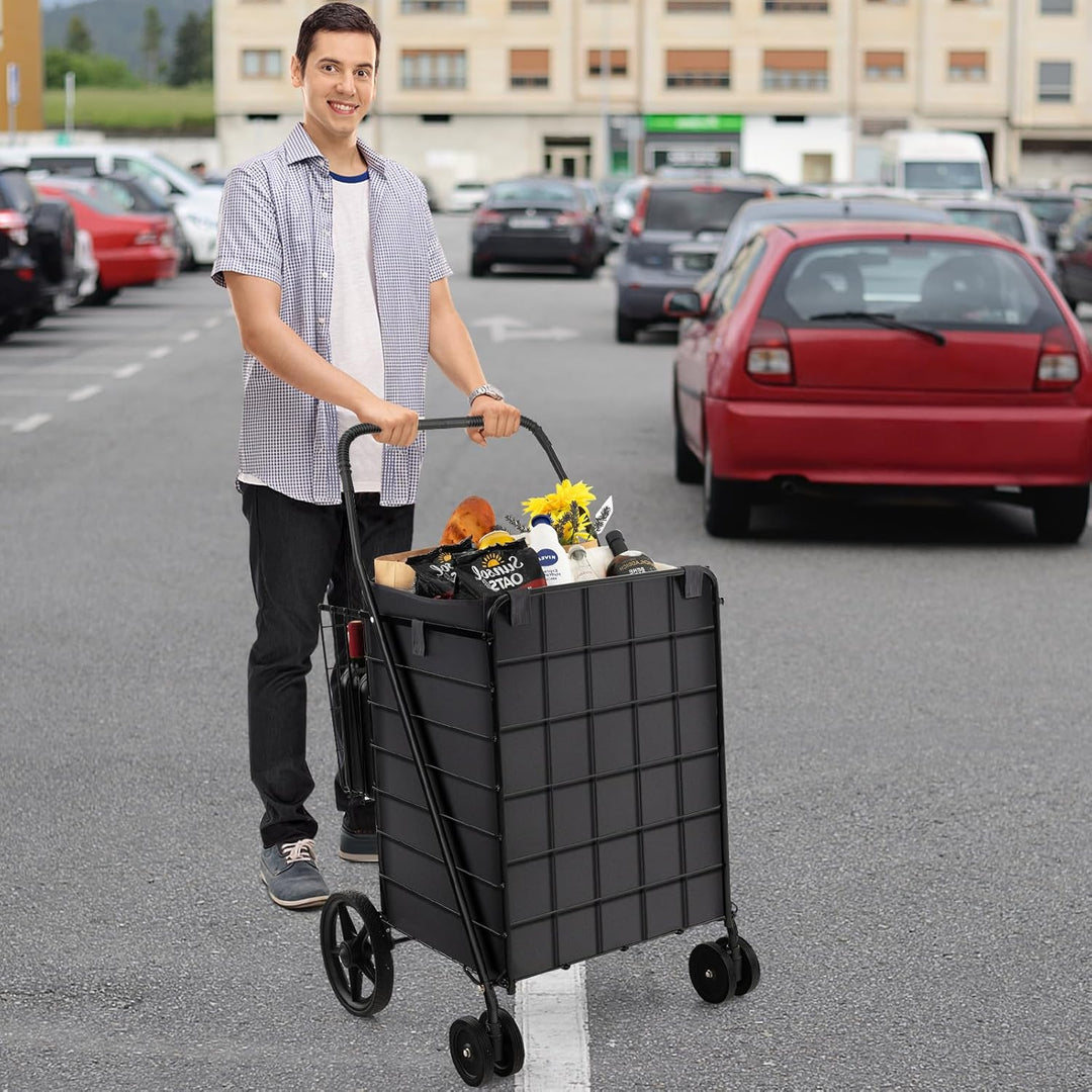 COSTWAY Einkaufstrolley Klappbar, Einkaufswagen auf Rollen mit Abnehmbarer Oxford-Tasche & 2 Körben,