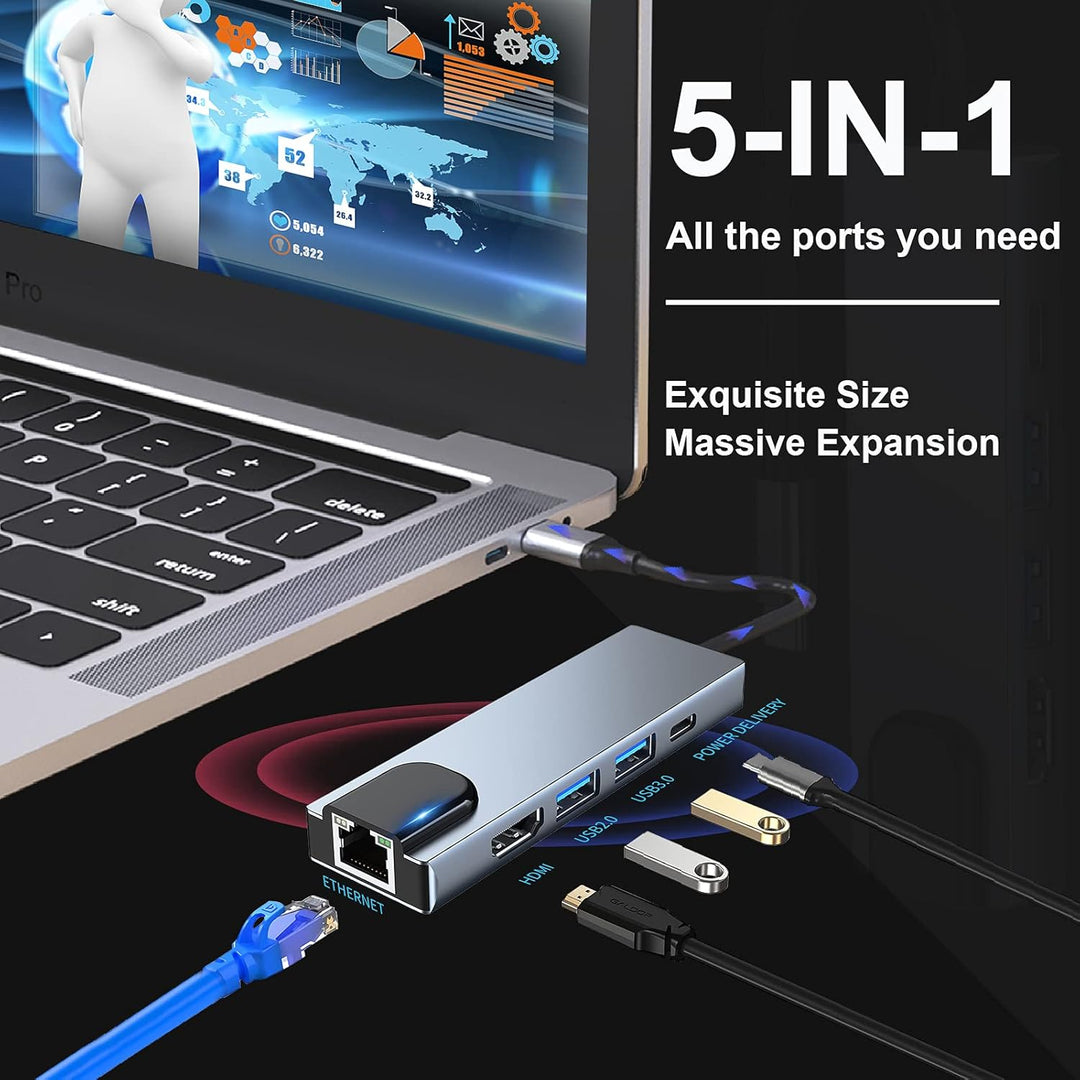 USB C Hub Multiport Adapter, 5 in 1 USB C Docking Station mit 4K HDMI, RJ45 Ethernet, USB3.0, 100W P