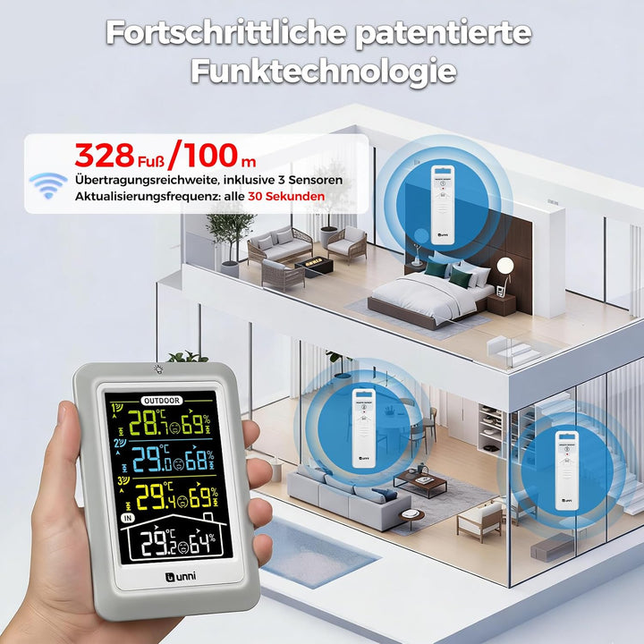 U UNNI Funk Wetterstation mit 3 Aussensensoren, 4.5 Zoll Display Temperatur Feuchte Monitor mit 330