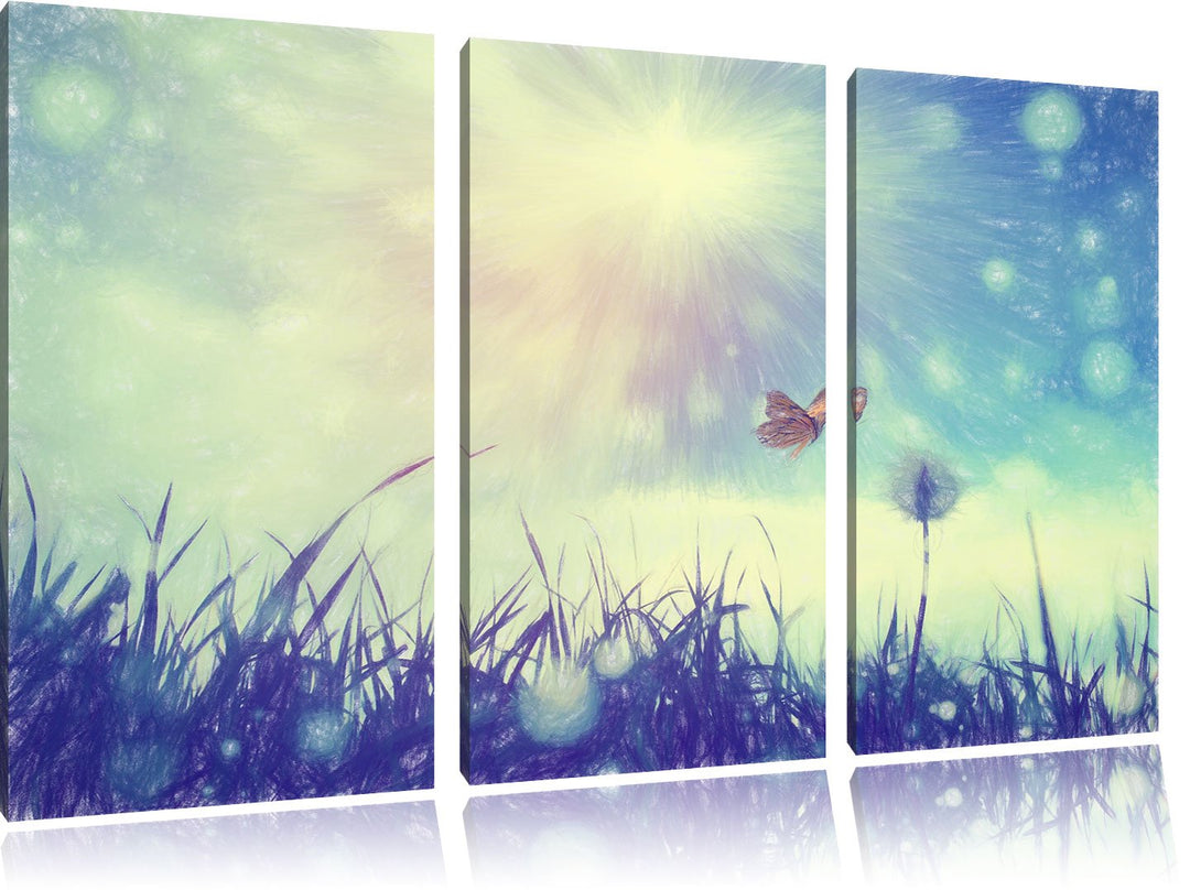 Pixxprint zarter Schmetterling fliegt zu Pusteblume Kunst Buntstift Effekt 3-Teiler Leinwandbild 120