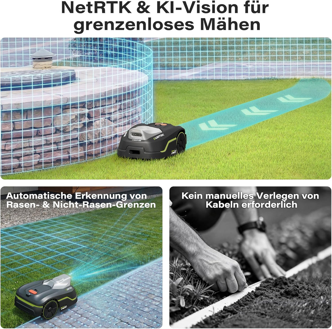 SUNTEK Mähroboter ohne Begrenzungskabel, RTK+Vision Rasenmäher Roboter, KI Auto Kartierung 35% Steig