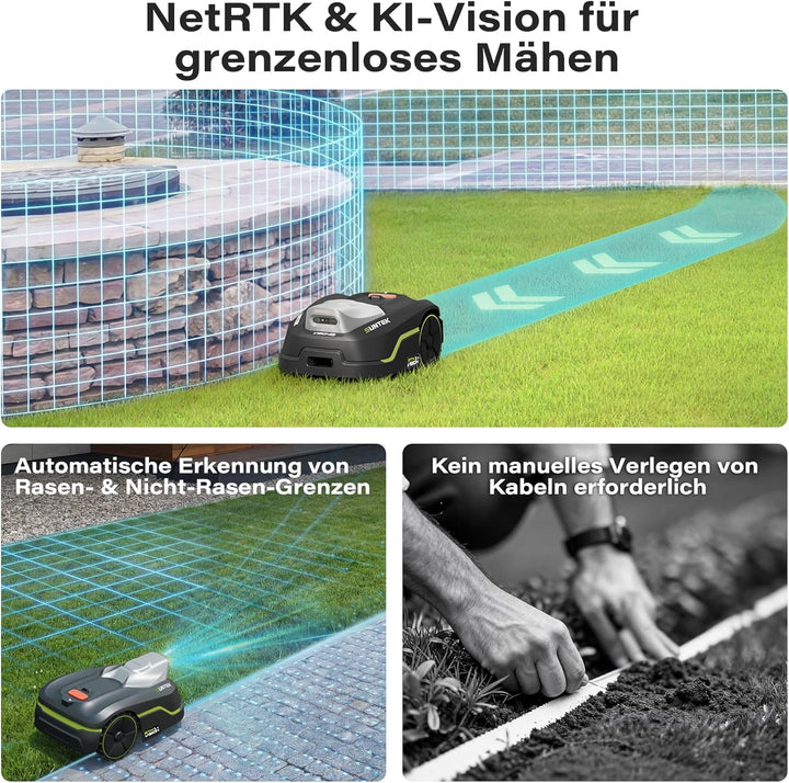 SUNTEK Mähroboter ohne Begrenzungskabel, RTK+Vision Rasenmäher Roboter, KI Auto Kartierung 35% Steig