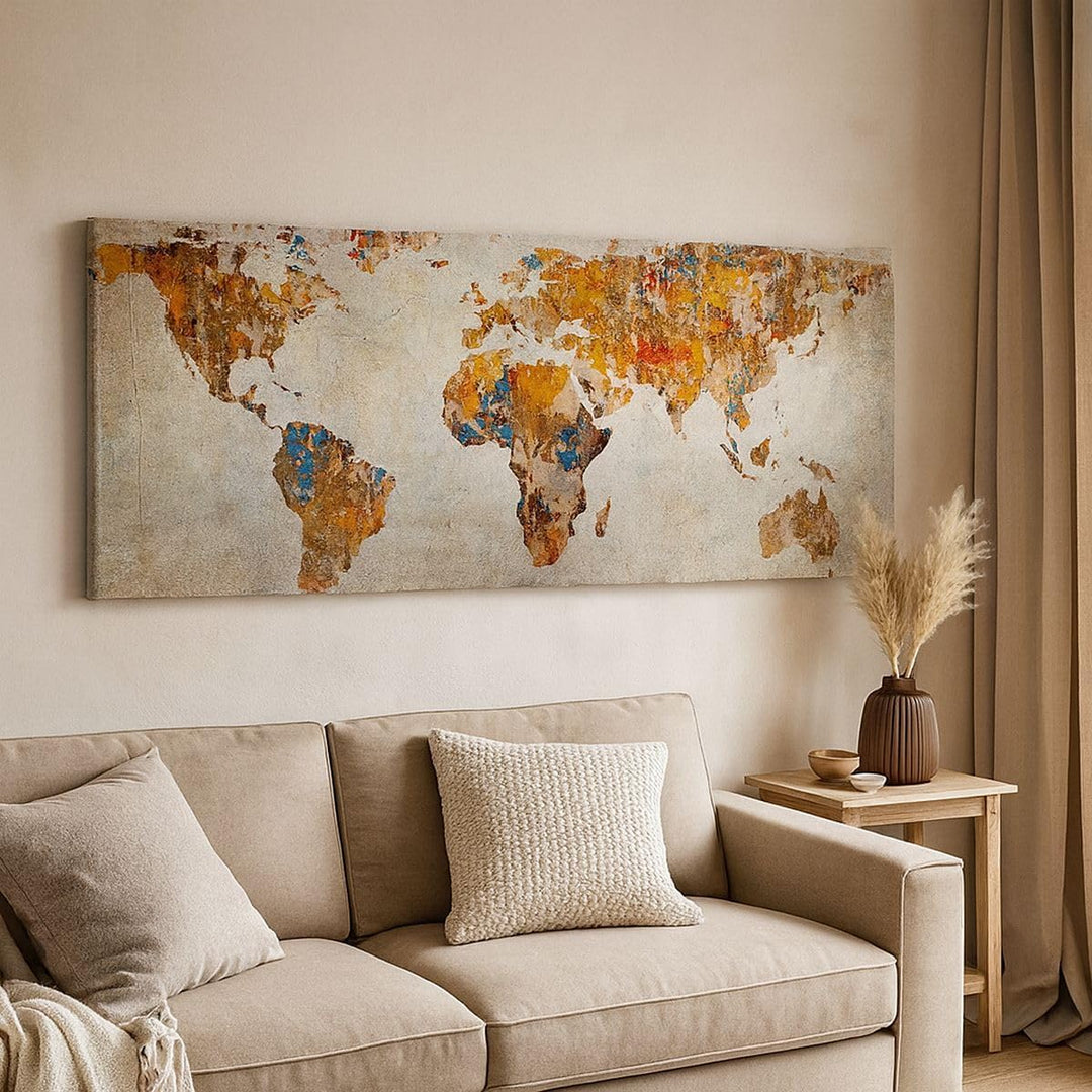 Wandbilder Dekoration Wohnzimmer Welt Karte Kontinente Geographie Panorama Bilder auf Leinwand 120x5