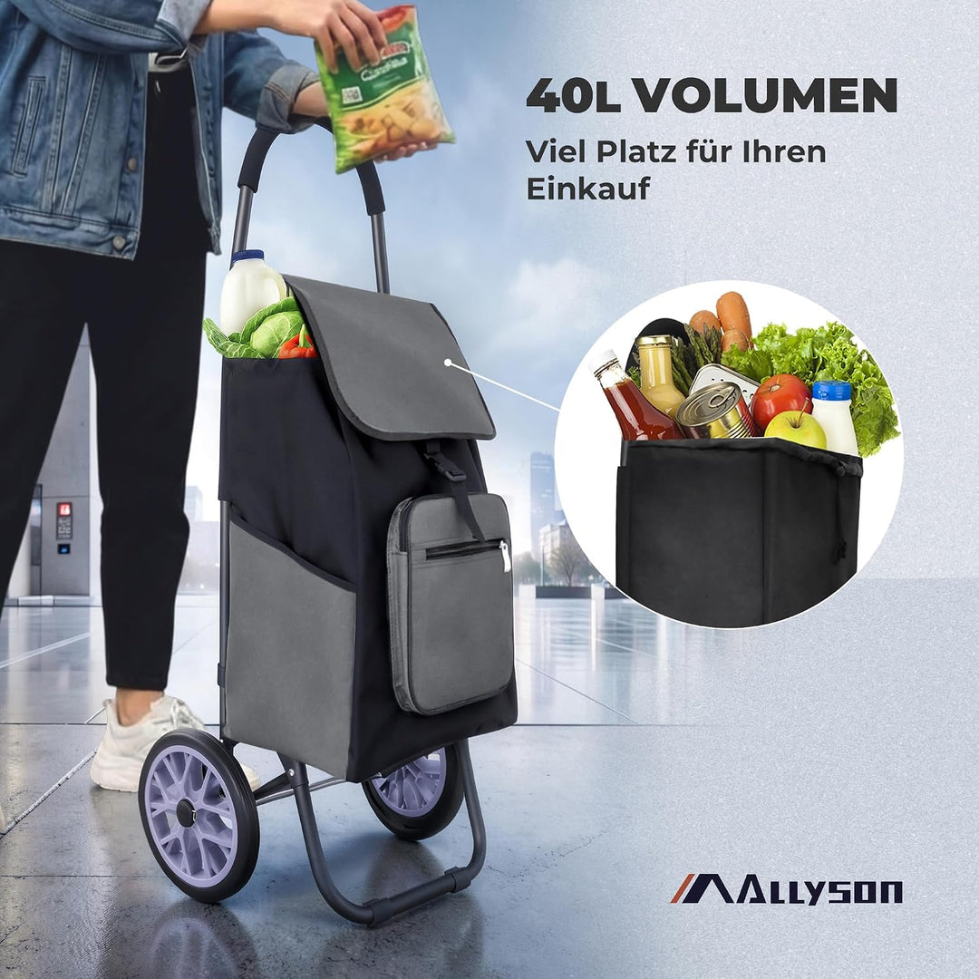 Allyson® Einkaufstrolley klappbar, Einkaufswagen mit 45L Kapazität und Abnehmbarer Tasche, Shopping