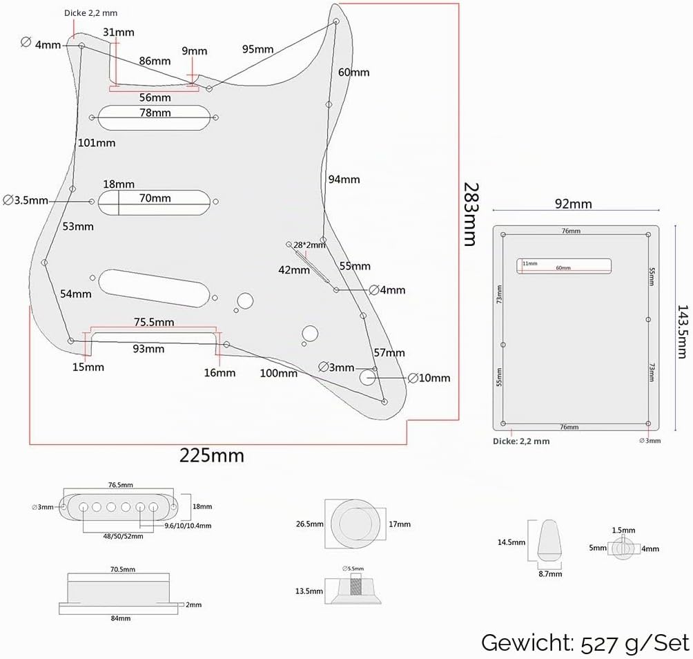 Alnicov 11 Holes Guitar Single Coil Pickups Vorverdrahtetes SSS Pickguard Scratch Plate Set mit rück