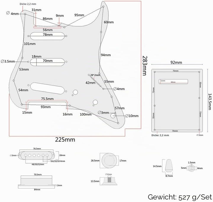 Alnicov 11 Holes Guitar Single Coil Pickups Vorverdrahtetes SSS Pickguard Scratch Plate Set mit rück