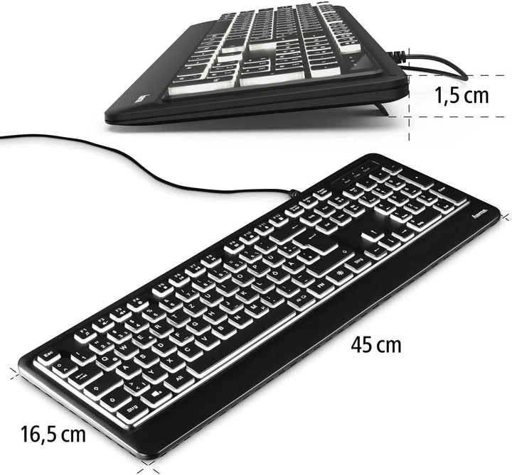 Hama Beleuchtete Tastatur mit Kabel KC-550 QWERTZ (USB Tastatur, kabelgebundene Tastatur, Wired Keyb