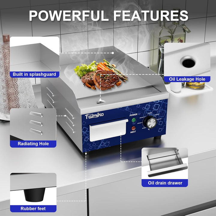 TAIMIKO Elektrische Grillplatte glatt 1700 W Elektro-Grillplatte Edelstahl Gusseisen Gastro Griddlep