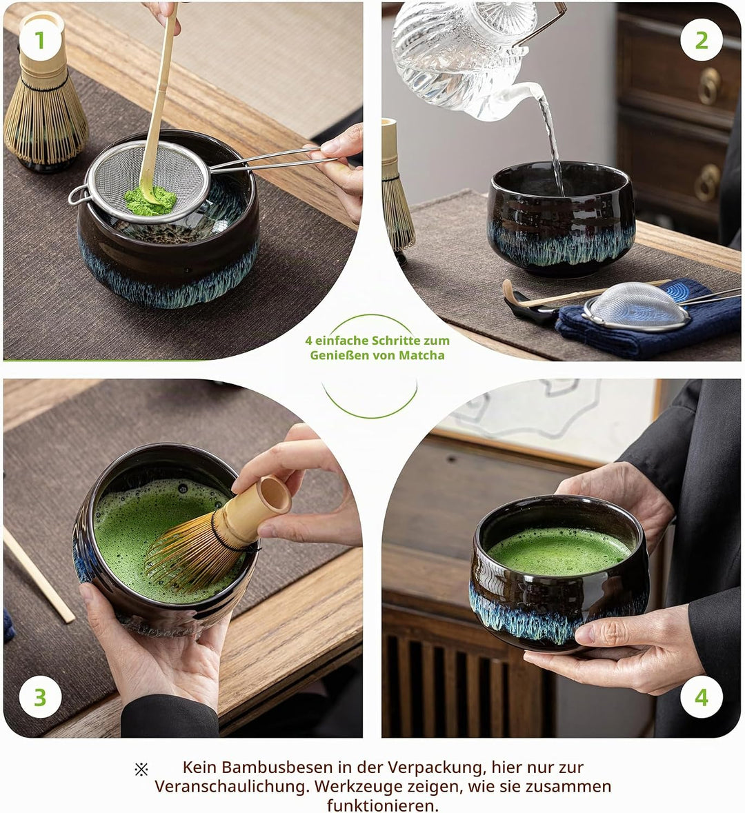 Japanische Matcha-Schale aus Keramik mit Schneebesenhalter, 510 ml. TEANAGOO K14, Blau, Chawan Match