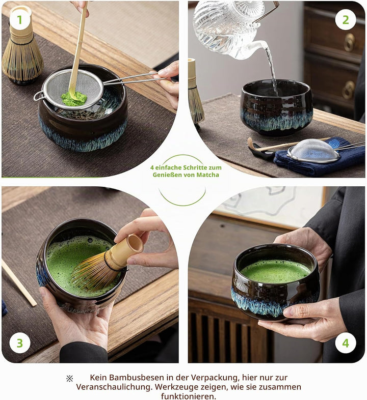 Japanische Matcha-Schale aus Keramik mit Schneebesenhalter, 510 ml. TEANAGOO K14, Blau, Chawan Match