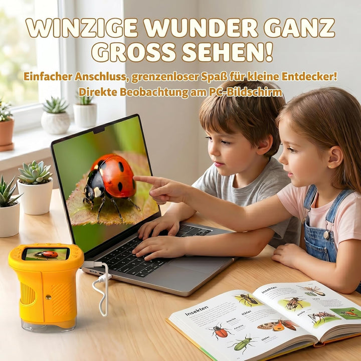 Mikroskop für Kinder, 1000X 4K Tragbares Digitales Mikroskop mit 2,4″ IPS-Display & 8 LED, USB-aufla