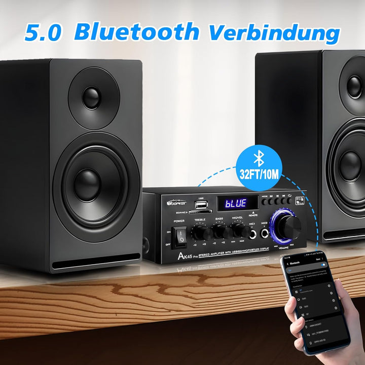 AK45 Pro HiFi-Verstärker WOOPKER Mini Verstärker, 500W,2 Kanäle Bluetooth Verstärker HiFi Stereo w/U