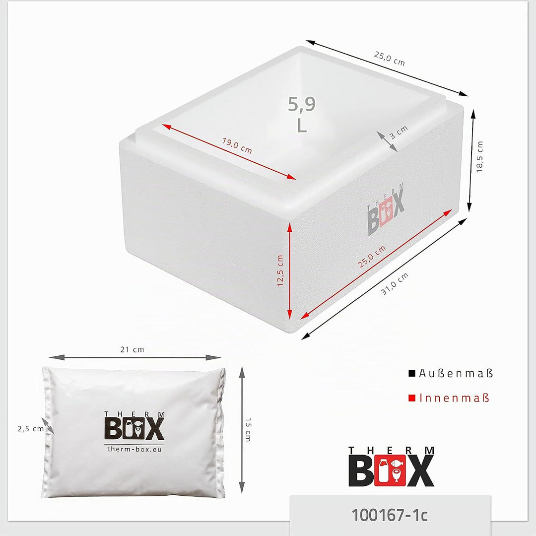 THERM BOX Styroporbox 5W mit 1x Kühlakku für Kühlbox 5,9L Innen: 25x19x12cm Transportbox Thermbehält