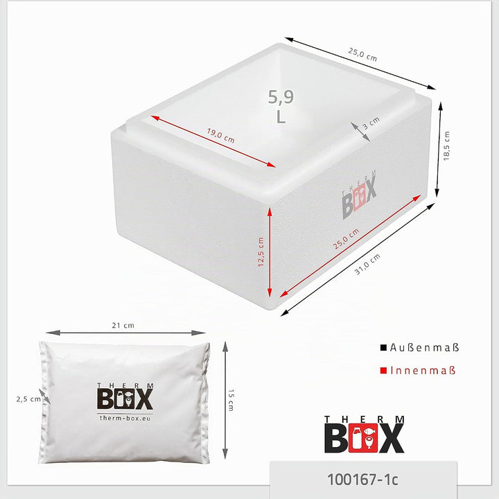 THERM BOX Styroporbox 5W mit 1x Kühlakku für Kühlbox 5,9L Innen: 25x19x12cm Transportbox Thermbehält