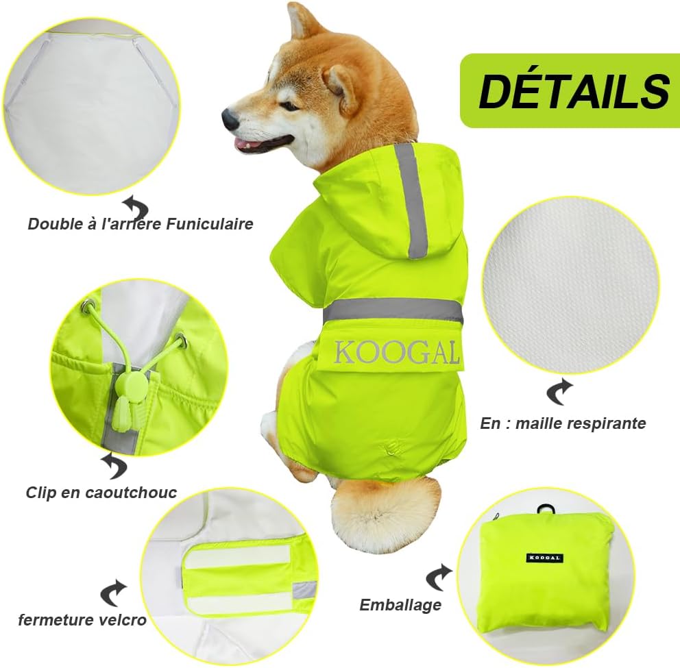 KOOGAL Grosse Hunde Regenjacken Mit Kapuze,Hunde Regenmantel,Mit Reflektierenden Sicherheitsstreifen