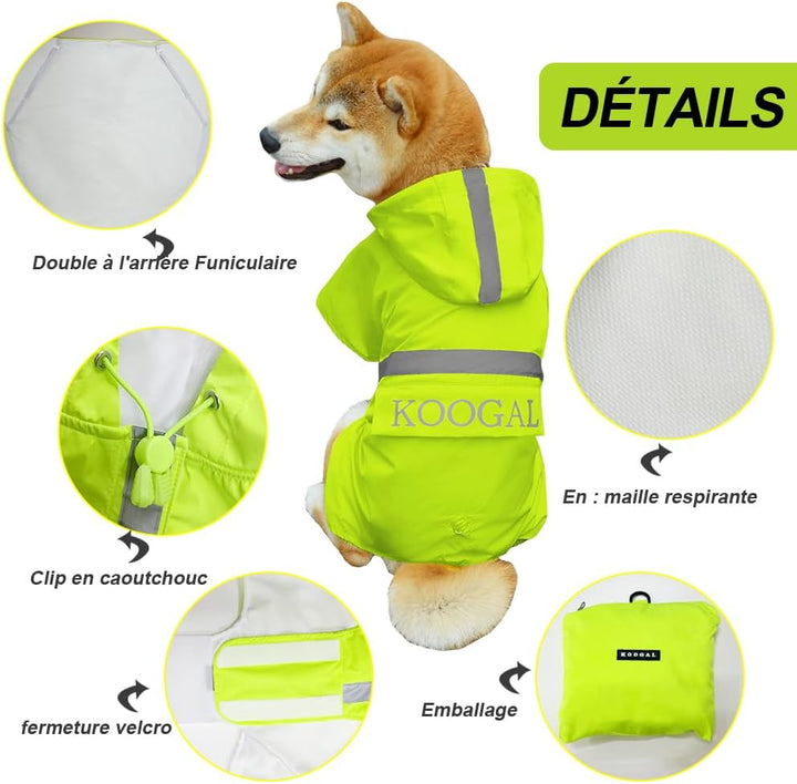 KOOGAL Grosse Hunde Regenjacken Mit Kapuze,Hunde Regenmantel,Mit Reflektierenden Sicherheitsstreifen