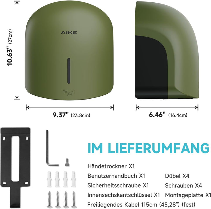 AIKE GentleAir Warmluft Handtrockner, Leise für Zuhause & Bäder, AC220V-240V, Wald Grün, Wald Gr
