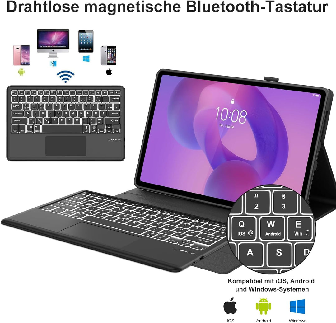 Hülle mit Tastatur für Lenovo Idea Tab Plus 12,1" 2025 con Touchpad, Bluetooth Abnehmbare Magnetisch