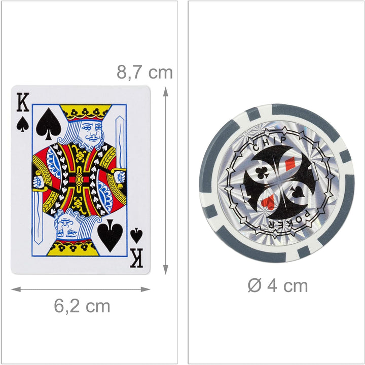Relaxdays 10031551 Pokerkoffer, 300 Laser Pokerchips, 2 Kartendecks, 5 Würfel, Dealer Button, versch
