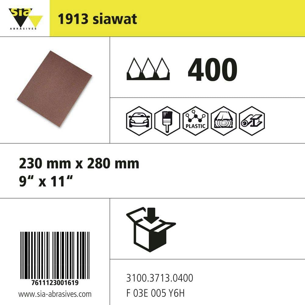 Sia Wasserfestes Schleifpapier 230x280mm K400 für Nass- & Trockenschliff, hohe Abtragsleistung, 50 B