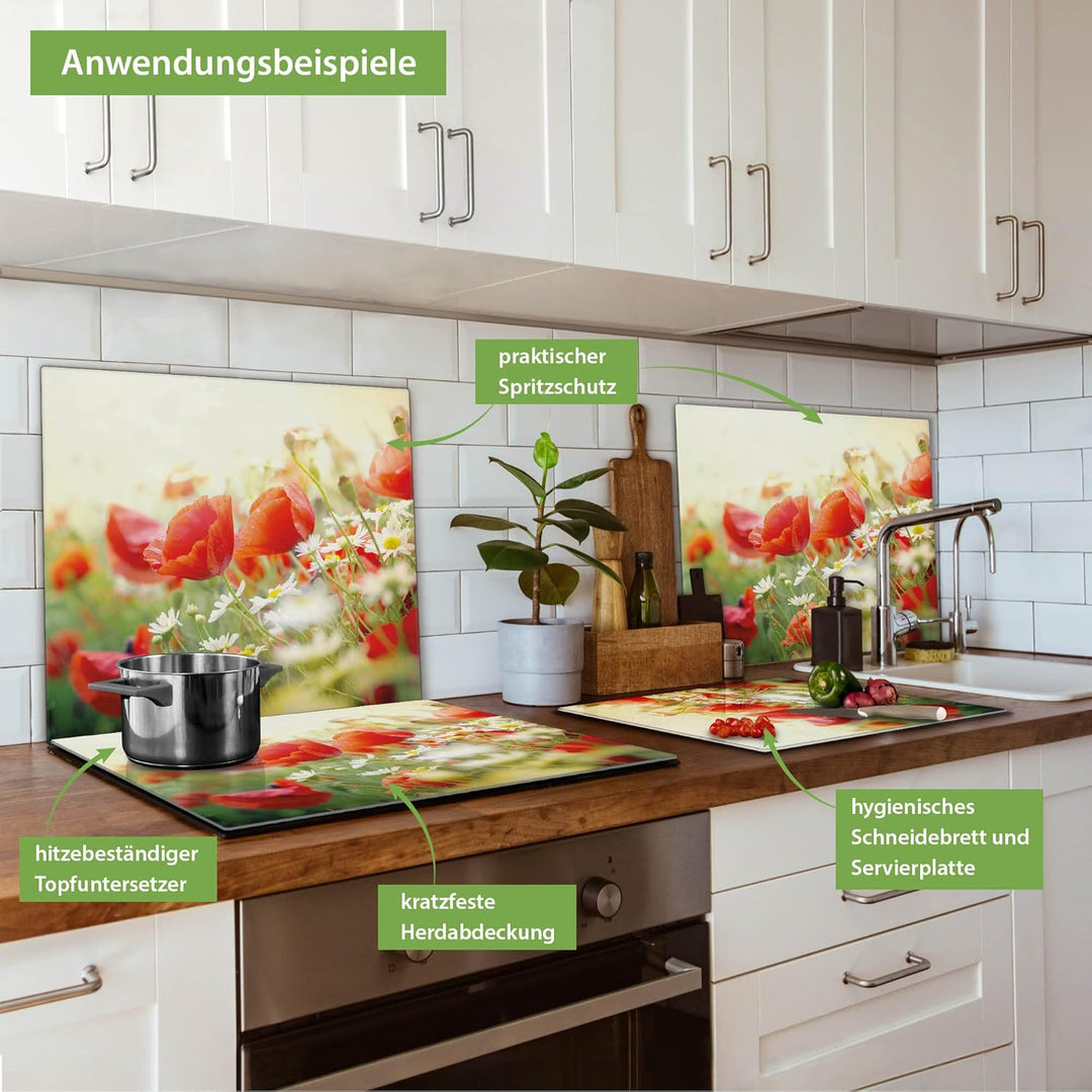 banjado® Herdabdeckplatte Glas 1-teilig 60x52 cm/Schneidebrett Herdabdeckung mit Motiv Kamille Und M