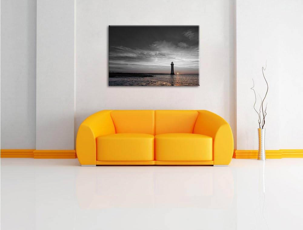 Pixxprint einsamer Leuchtturm im Sonnenuntergang B&W Detail, Format: 100x70 auf Leinwand, 100x70