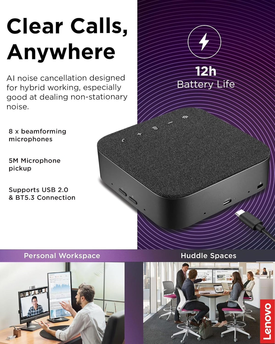 Lenovo Wireless Speakerphone 6000, Kabellos, Bluetooth 5.3, 8 Beamforming-Mikrofone, KI-Geräuschunte