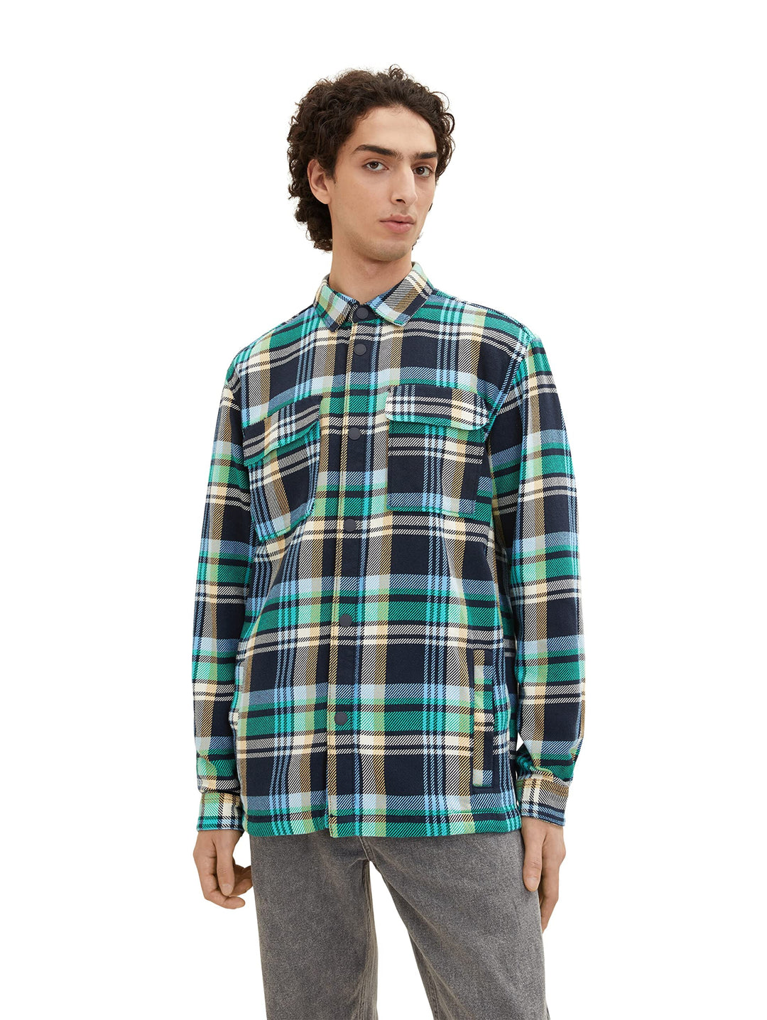 TOM TAILOR Denim Herren Overshirt aus Flanell mit Karo-Muster L 31568 - Navy Blue Green Big Check, L