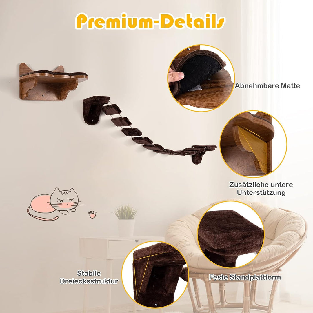 COSTWAY Kletterwand Katzen, 2 in 1 Katzenbrücke und Katzenliege, Katzenhängematte Wand Set, Hängebrü