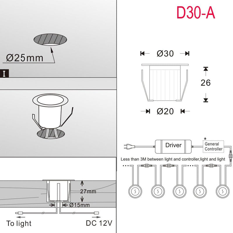 10er WIFI RGBWW Bodeneinbauleuchten Arbeitet mit Alexa,LED Einbaustrahler DC12V Ø31mm 0.6W LED Boden