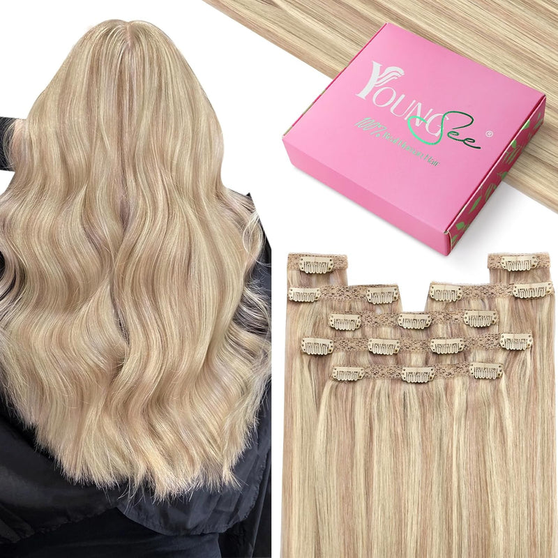 YoungSee Echthaar Extensions Clip Blond Remy Glatt Haar Extensions Clip in Blond Clip in Extensions