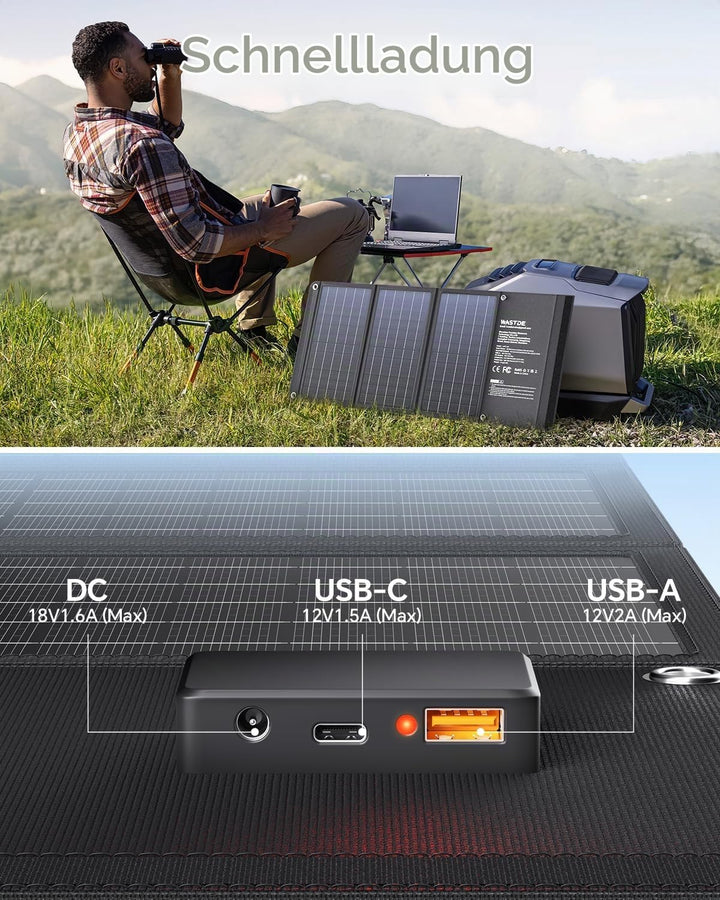 30W Solarpanel Faltbares, WASTDE Tragbar Solarladegerät ETFE mit DC30V, QC3.0 USB-A/USB-C Anschlüsse