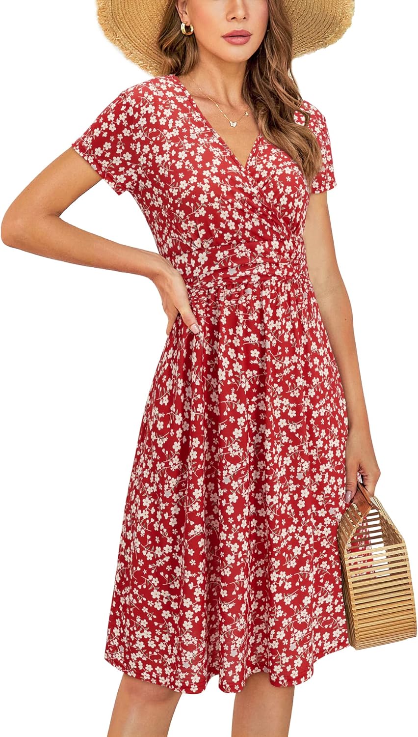 STYLEWORD Damen Sommerkleid Kurzarm V-Ausschnitt Kleider Blumenmuster Kleid Wickelkleid Mit Taschen