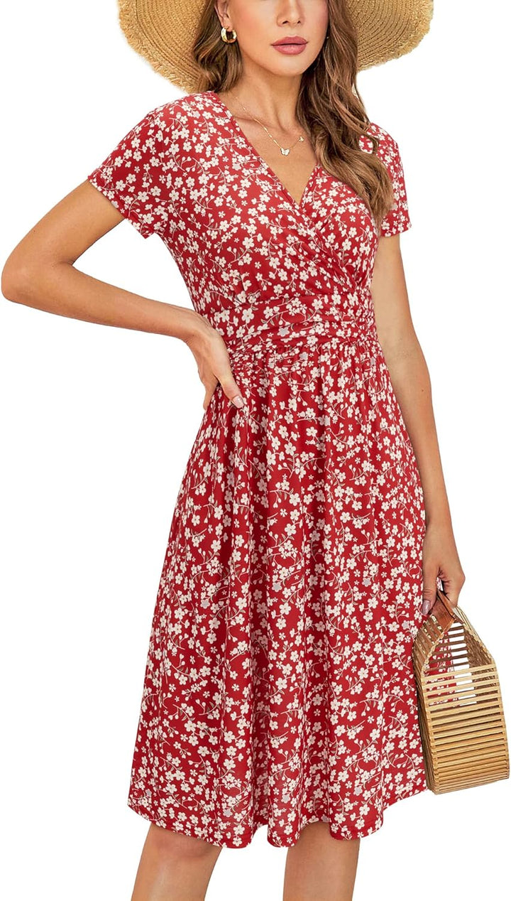 STYLEWORD Damen Sommerkleid Kurzarm V-Ausschnitt Kleider Blumenmuster Kleid Wickelkleid Mit Taschen