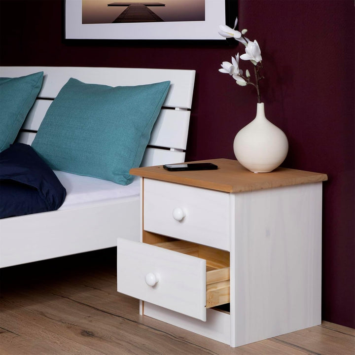 IDIMEX Nachttisch Rondo,Kommode aus Kiefer massiv, weiss/braun lackiert, 2 Schubladen, Landhausstil,