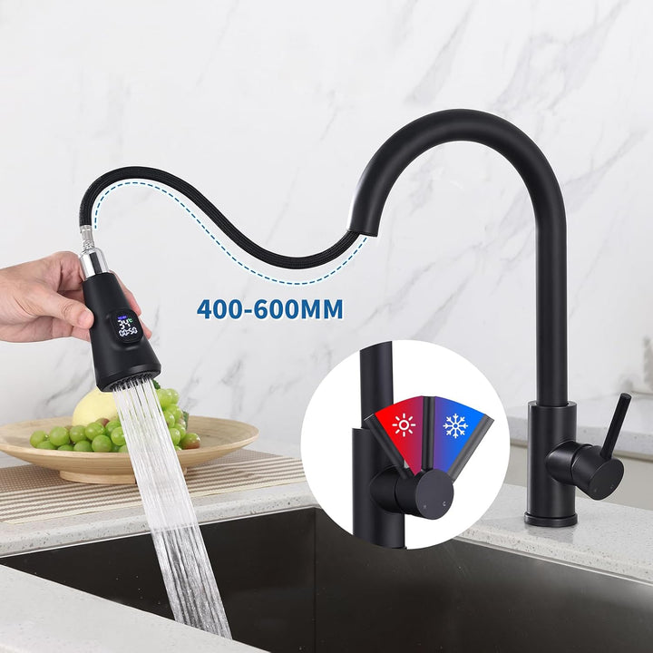 HOMELODY Wasserhahn Küche Schwarz mit LED Temperaturanzeige, Küchenarmatur Ausziehbar, Hochdruck Mis