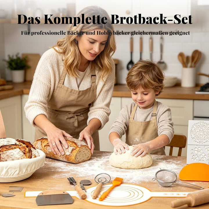 Sauerteig Starter Set mit 2 Gärkörbchen Natürlichem Rattan (25cm Ovale & 23cm Runde) 900ml Glasgefäs